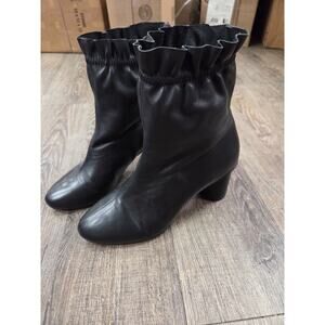 Nanette Lepore Black Leather Ankle Boots Round Block Heel Ruffle Top Glory 6.5M